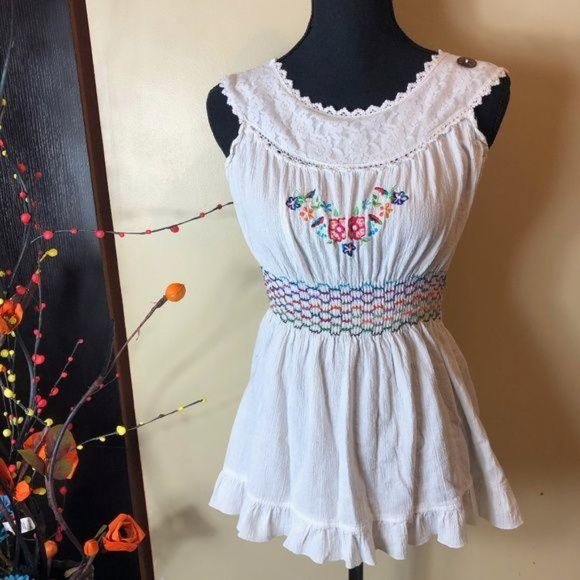 Hand Crafted Tops - Embroidered Linen Elastic Waist Top White Small Ta